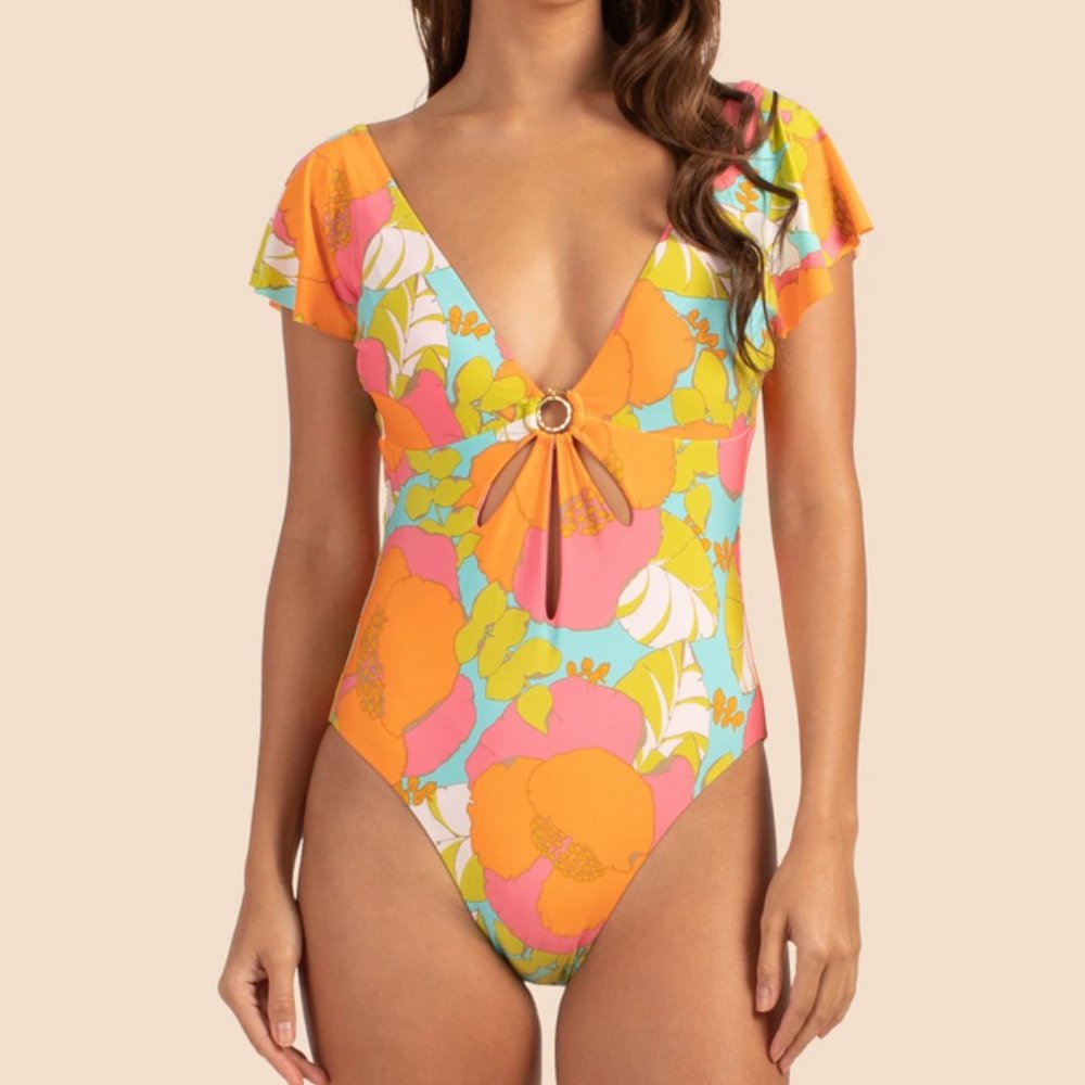 Trina Turk Playa De Flor Flutter Sleeve Maillot One Piece Swim suit Size 12 NWT